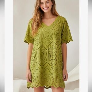 New Vanessa Zani Linen Cotton Lime Eyelet Embroidered Boho Dress - Italy